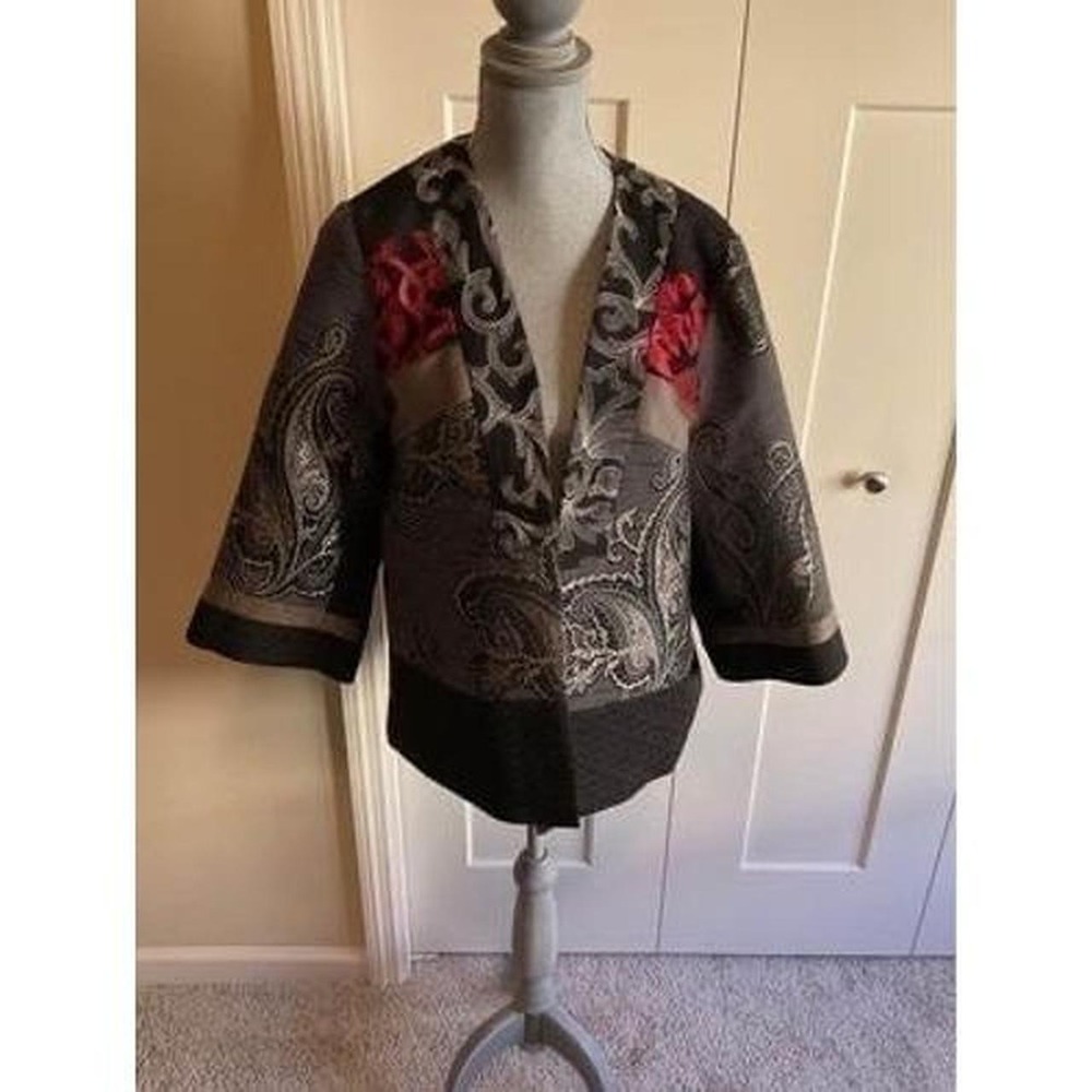 Chico's 1 Medium Open Front Jacket Blazer Black Red Multi Text Office sku4b
